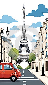 Vector artwork of a street with the Eiffel Tower in the background ai generated