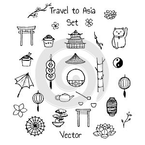 Vector asian set. Includes oriental elements: umbrellas, japanese lucky cats, coins, lanterns, bonsai, torii gates, noodles