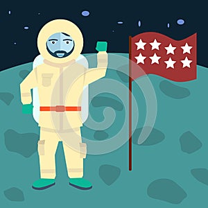 Vector astronaut stands on the planet with flag, Cosmic space background