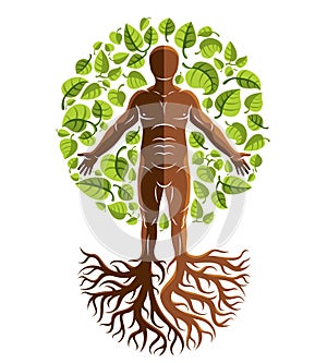 Vector athletic man created as continuation of tree with strong roots and organic green leaves. Green tourism, go green idea