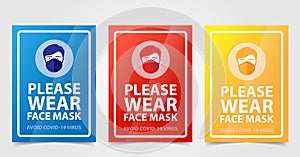 Vector attention sign collection, please wear face mask avoid covid-19 virus. warning or caution sign. photo