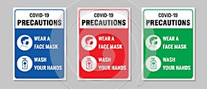 Vector attention sign collection , Wear a face mask and wash your hands to avoid covid-19 virus vector illustration.