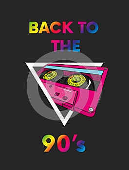 Vector audio cassette in the triangle. Multicolored illustration.