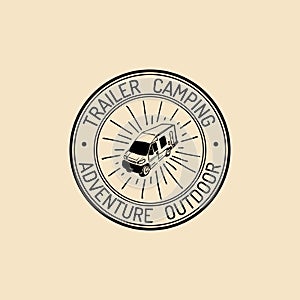 Vector authentic camp logo.Tourist sign with hand drawn trailer. Retro hipster emblem,badge,label of outdoor adventures.