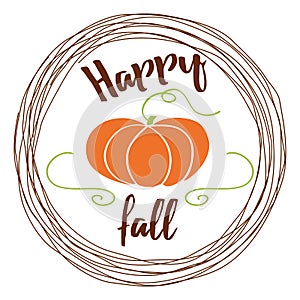 Vector autumn background with pumpkin and text Hello fall into Ñircle frame on white background