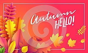 Vector autumn banner. Bouquet of fallen autumn leaves on red background with text Hello Autumn.