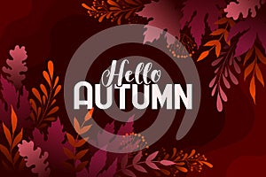 Vector autumn banner with colorful leaves and lettering Hello Autumn isolated on brown background. Design for card, advertising,