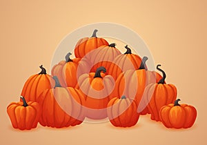 Vector autumn banner, poster template. Heap of ripe orange pumpkins.