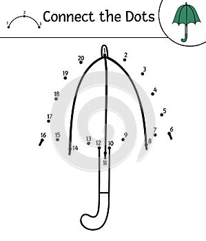Vector autumn dot-to-dot and color activity with cute umbrella. Fall season connect the dots game. Funny coloring page for kids