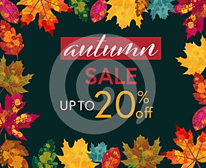 Vector Autumn,Fall Discount Banner with Hand drawn Colorful Leaves. Autumn Sale Template