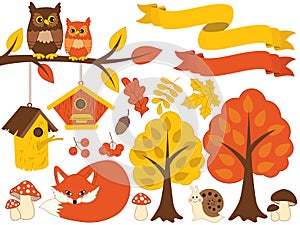 Vector Autumn Forest Set with Cute Bear, Owls, Mushrooms, Birdhouses. Vector Autumn Set. Fall Clipart