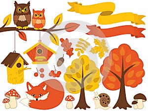 Vector Autumn Forest Set with Cute Bear, Owls, Mushrooms, Birdhouses. Vector Autumn Set. Fall Clipart photo