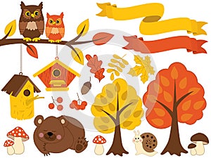 Vector Autumn Forest Set with Cute Fox, Owls, Mushrooms, Birdhouses. Vector Autumn Set. Fall Clipart