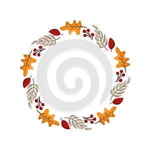 Vector autumn frame round wreath with place for text. With leaves, acorts and berries for Happy Thanksgiving Day