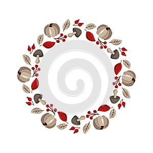Vector autumn frame round wreath with place for text. With leaves, acorts and berries for Happy Thanksgiving Day