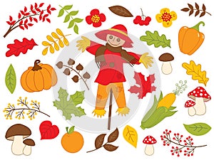 Vector Autumn Set with Leaves, Vegetables and Scarecrow