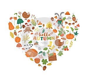 Vector autumn heart shaped frame with animals, plants, leaves, bell, pumpkins isolated on white background. Funny fall season
