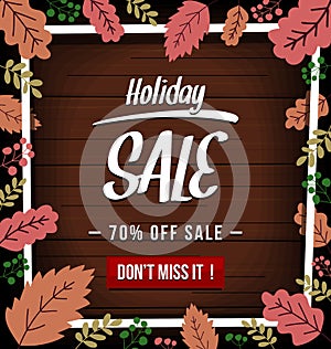 Vector autumn holiday sale banner with abstract fall season leaf and wood texture in dark color