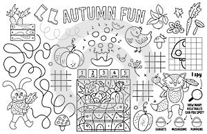 Vector autumn placemat for kids. Fall printable activity mat with maze, tic tac toe charts, connect the dots, find difference,