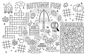 Vector autumn placemat for kids. Fall printable activity mat with maze, tic tac toe charts, connect the dots, find difference,