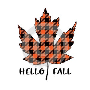 Vector autumn quote Hello Fall with buffalo plaid maple leaf