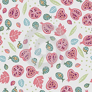 Vector autumn seamless pattern background with elements, leaves, pomegranate, berries, beetles
