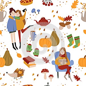 Autumn seamless pattern with cute girls and forest animals
