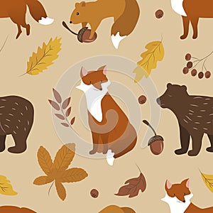Autumn seamless pattern in flat style with different cute animals - fox, squirrel, bear and autumn foliage photo