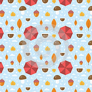 Vector Autumn Seamless Pattern With Leaf, Cup, Acorn, Raindrops, Umbrella. Cartoon Style Background.