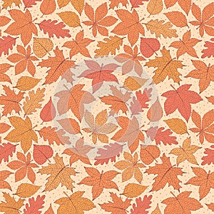 Vector autumn seamless pattern with oak, poplar, beech, maple, aspen and horse chestnut leaves of orange and red colors