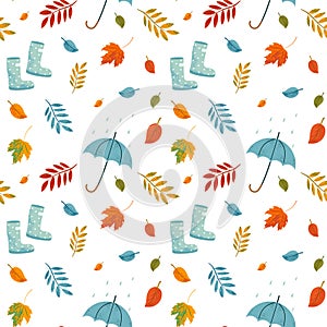 Vector autumn seamless pattern with rubber boots, umbrella, foliage and floral elements. Repeated fall texture. Cozy