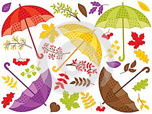 Vector Autumn Set of Colorful Umbrellas with Leaves