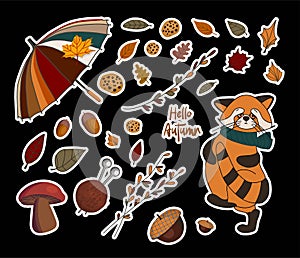 Vector autumn stickers. PUMPKINS AND BRANCHES. Autumn leaves. Children`s print for textiles and clothing. Product design