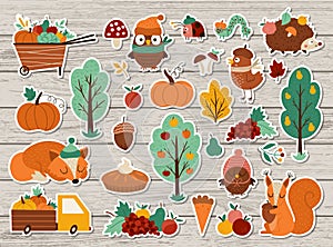 Vector autumn stickers set. Fall patches collection with cute forest animals, trees, birds on wooden background. Fall holiday