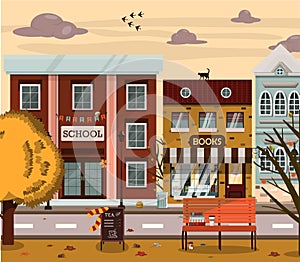 Vector autumn street with houses, bookstore, school. Flat illustration of the city in the European style. Cartoon autumn