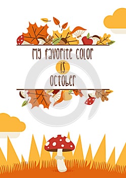 Vector autumn time thanksgiving decoration elements. Happy lettering items invitation card. Pumpkin, mushrooms, leaves