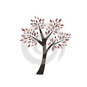 Vector autumn tree with dark and light red orange leaves with brown trunk icon icon logo forest plant on white background