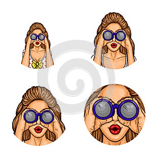 Vector avatar, icon, logo - pop art woman looks through binoculars for sale, discount. Illustration for chat, blog