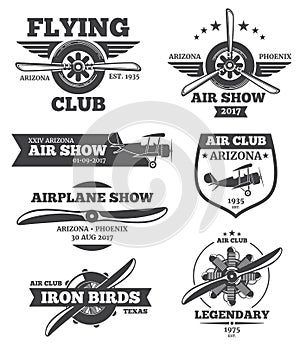 Vector aviation badges, avia club emblems, airplane logos set