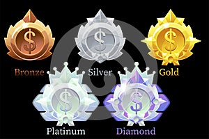 Vector awards medals dolllar gold, silver, bronze, platinum and diamond.