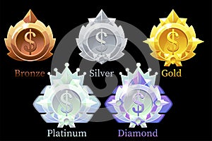 Vector awards medals dolllar gold, silver, bronze, platinum and diamond. photo