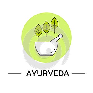 Vector ayurveda logotype template with isolated linear leaves, mortar, pestle on a white backdrop for ayurvedic shop