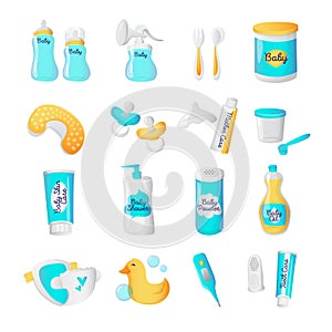 Vector baby accessories icons. Cartoon style newborn objects set.