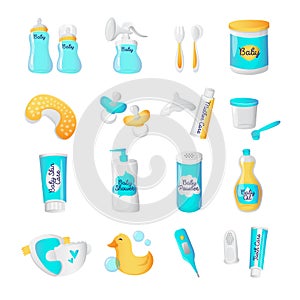 Vector baby accessories icons. Cartoon style newborn objects set. photo
