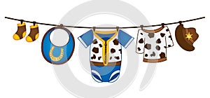 Vector Baby Boy Clothes in Cowboy Style Hanging on the Line