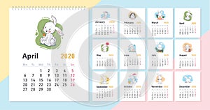 Vector baby calendar for 2020 year template with cute little funny white bunny character in cartoon hand drawn style