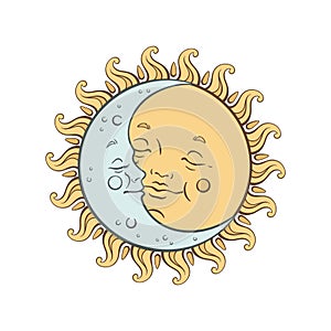 Vector baby celestial bodies - cute moon and sun. Pastel hand drawn nursery or textile design for kids
