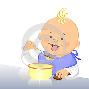 Vector Baby eats with a spoon from a bowl
