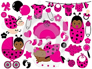 Vector Baby Girl Set with Ladybug Pattern. Vector African American Baby Girl.