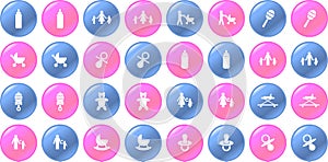 Vector baby items blue and pink button set